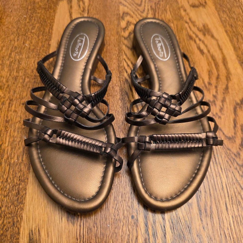 Talbots Bronze Metallic Strappy Woven Stacked Heel Flat Sandals Sz 6.5 Grecian - Picture 2 of 7